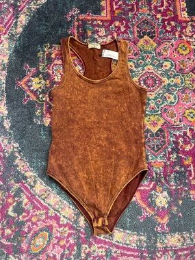 Zenana Outfitters Rust Brown Washed Racerback Bodysuit